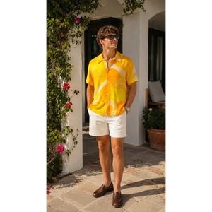 ERL Venice Beach Yellow Orange Psychedelic Swirl Rayon Shirt Deadstock zz80
